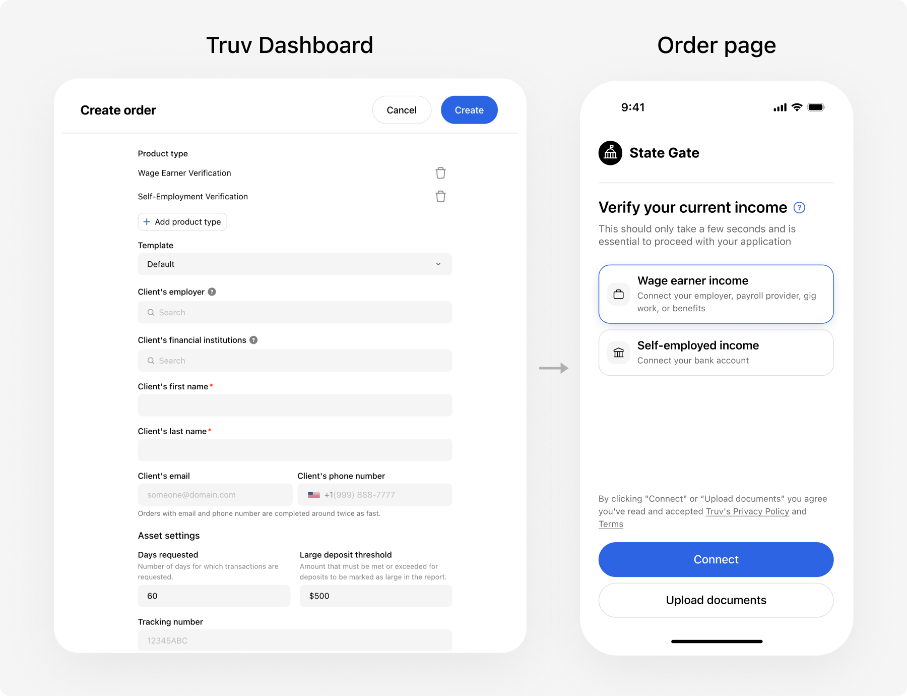 Truv Dashboard and order landing page