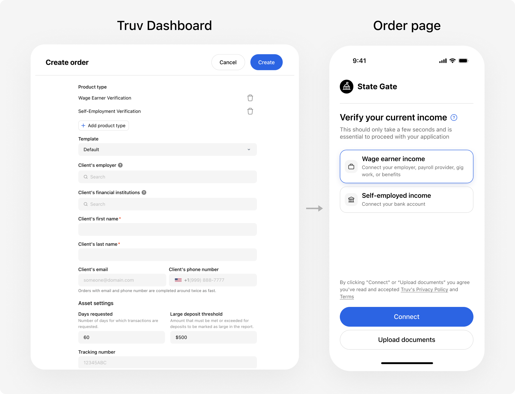 Truv Dashboard and order landing page
