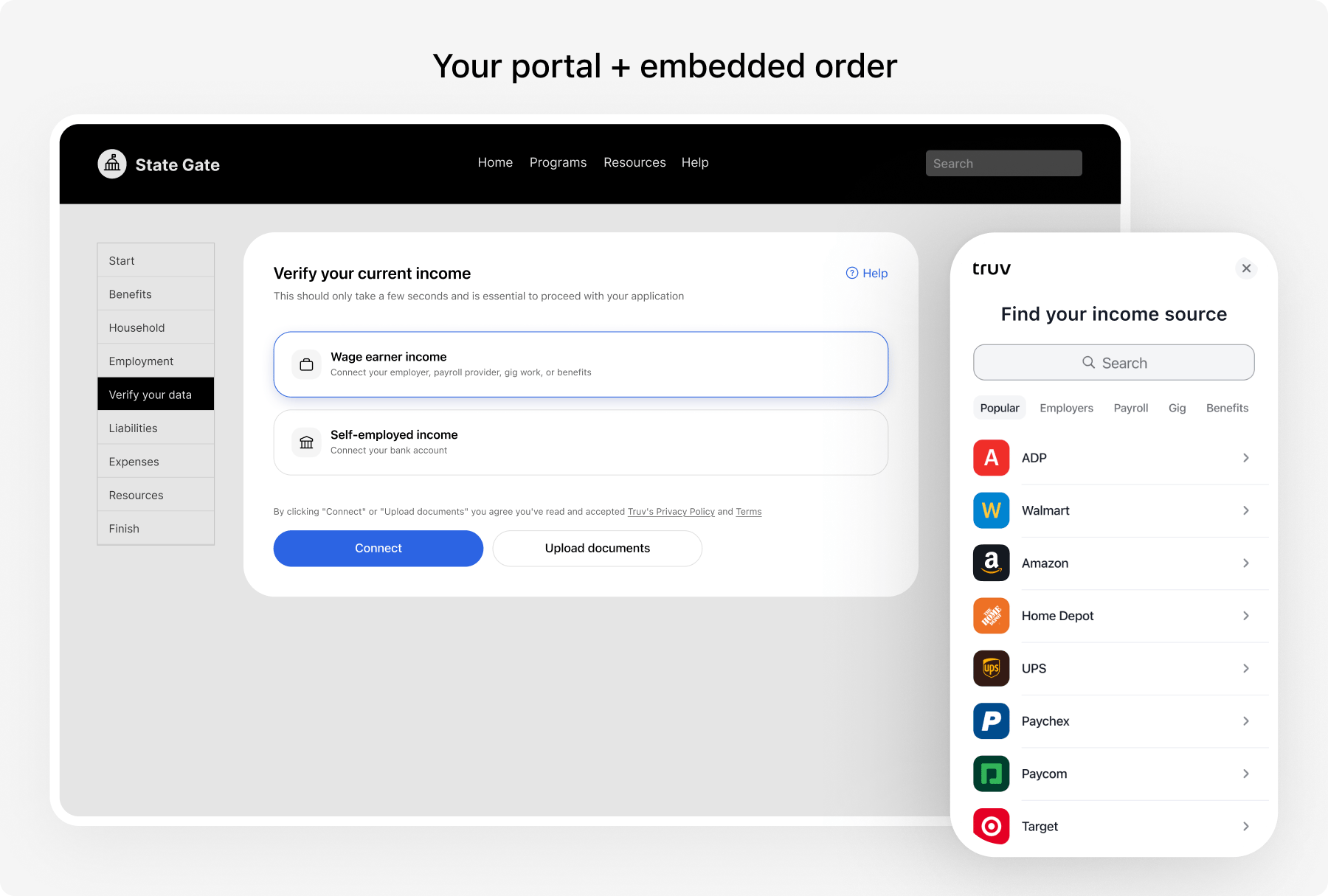 Portal with embedded order form and Truv Bridge widget
