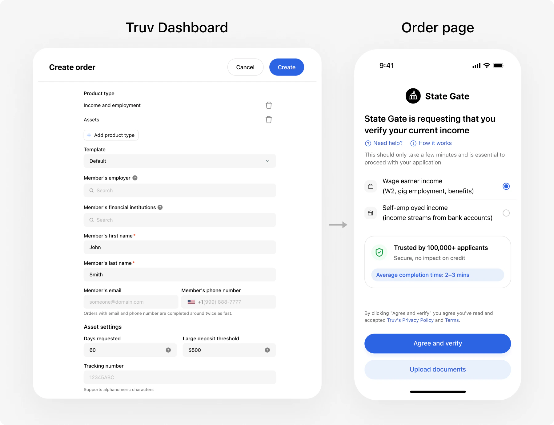 Truv Dashboard and order landing page