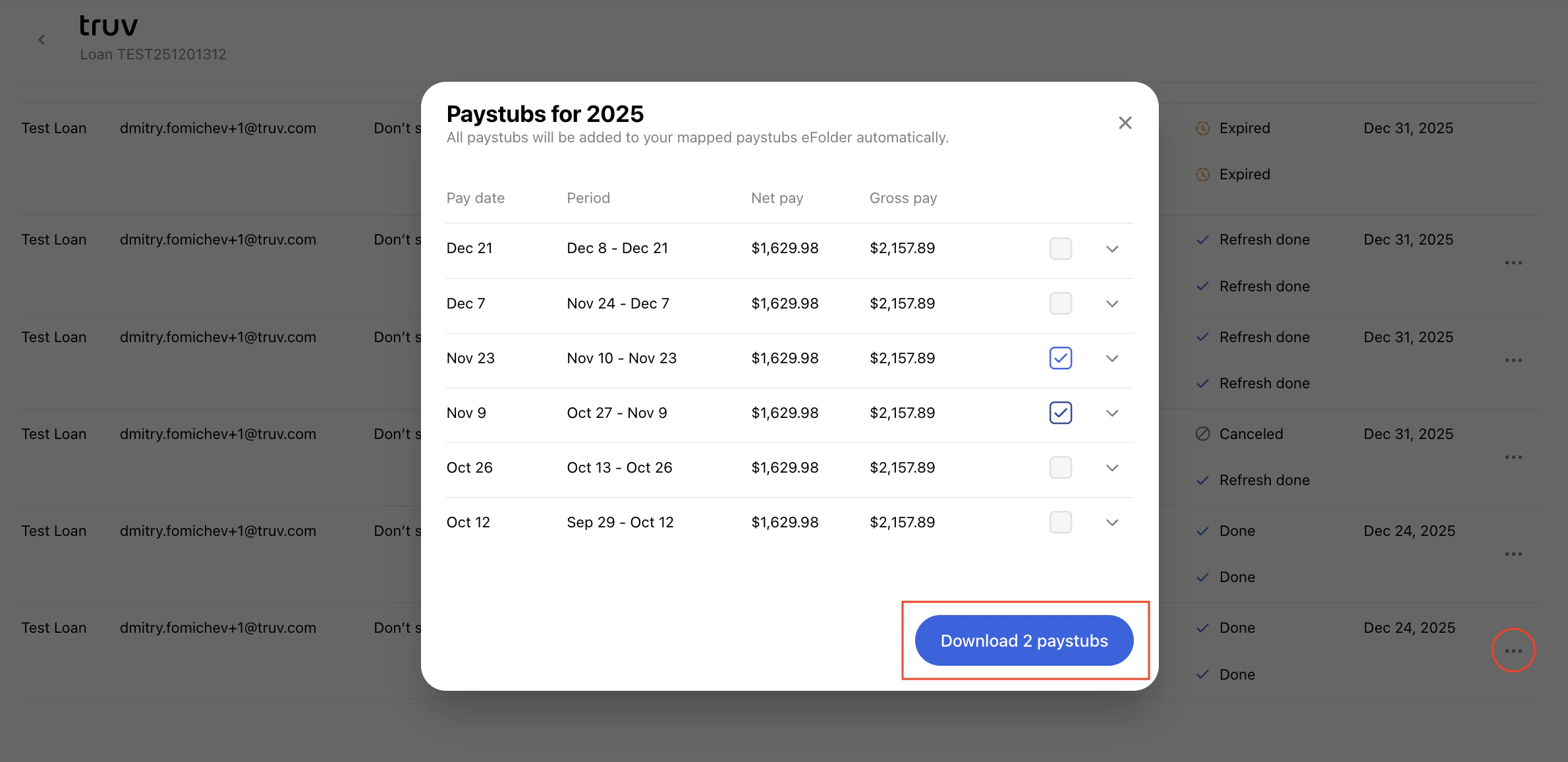 Additional paystubs selection