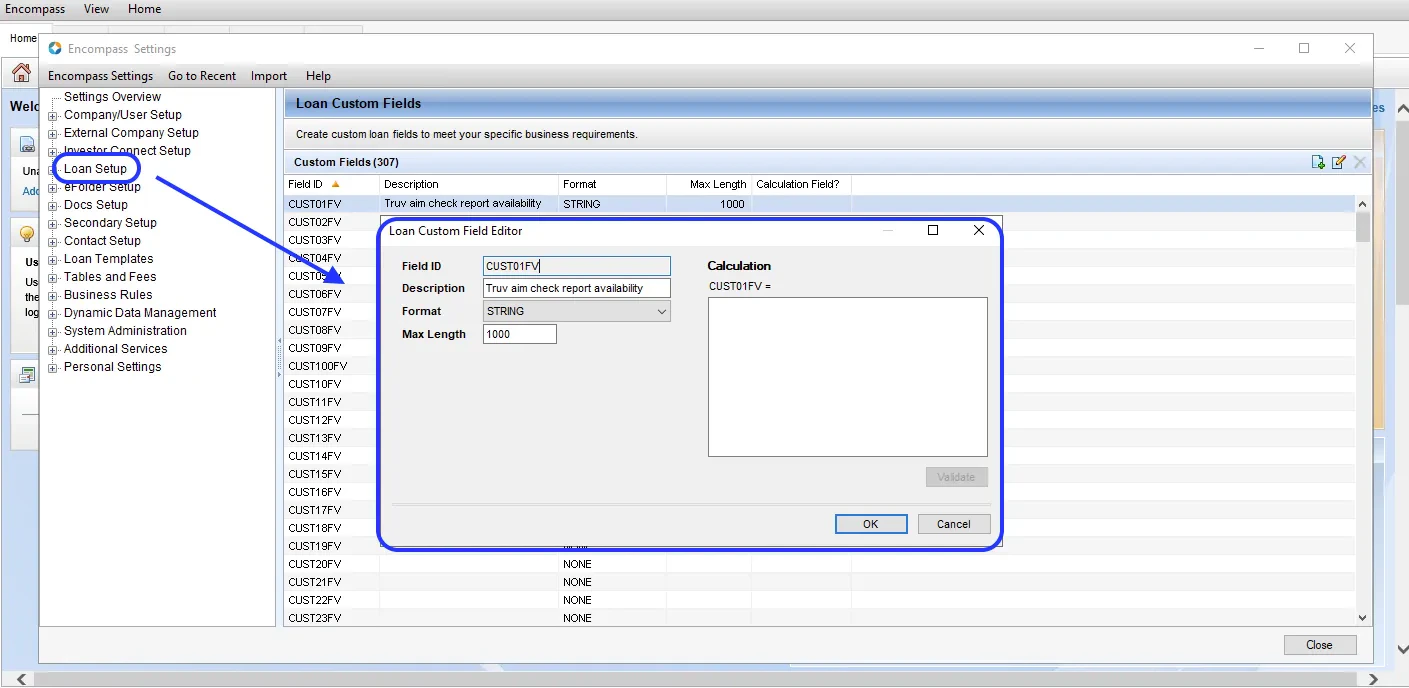 Custom field configuration in Encompass SmartClient