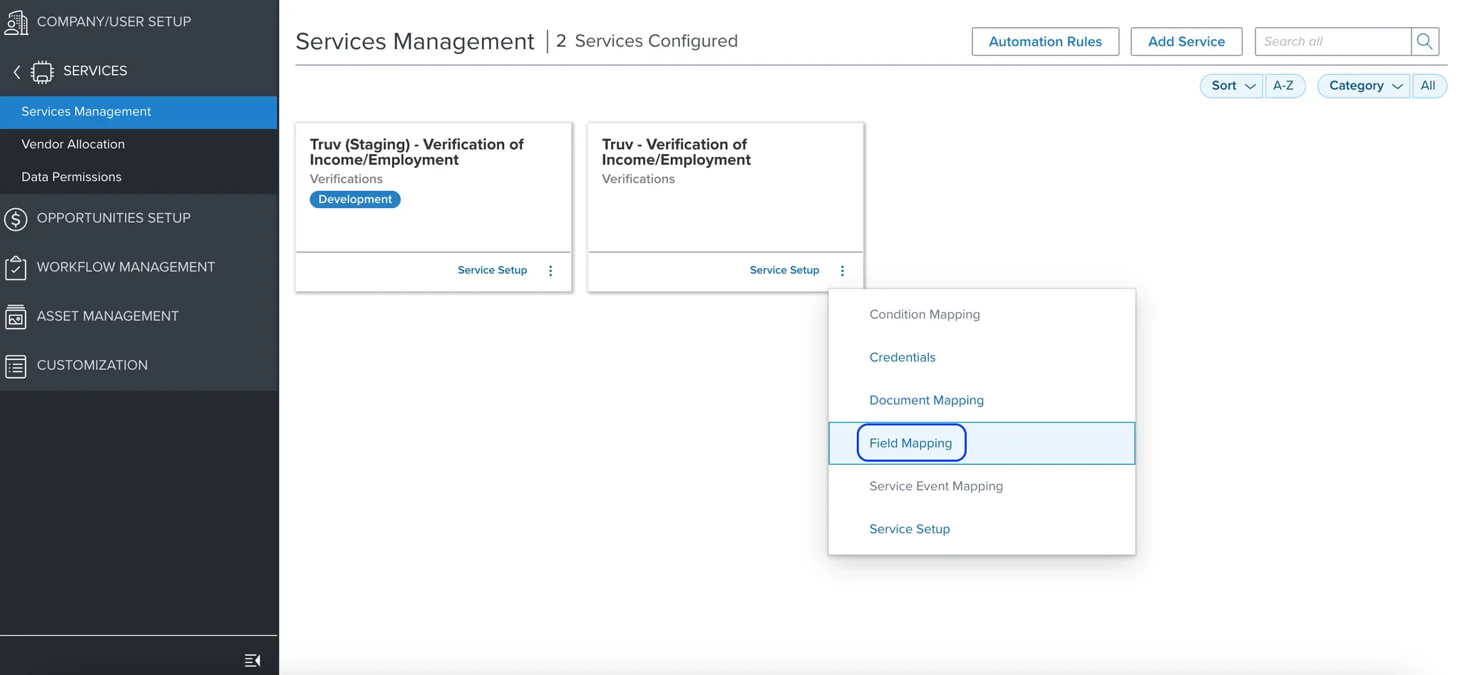 Services Management in Encompass admin