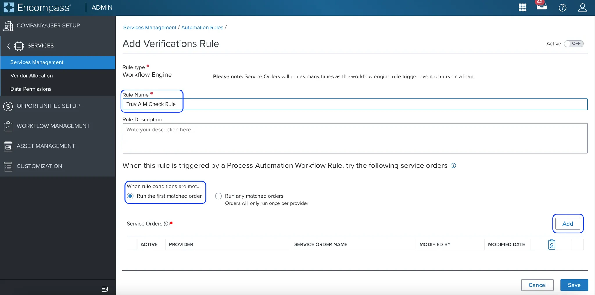 Verifications rule configuration
