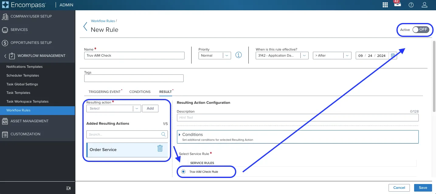 Result tab — Order Service selection