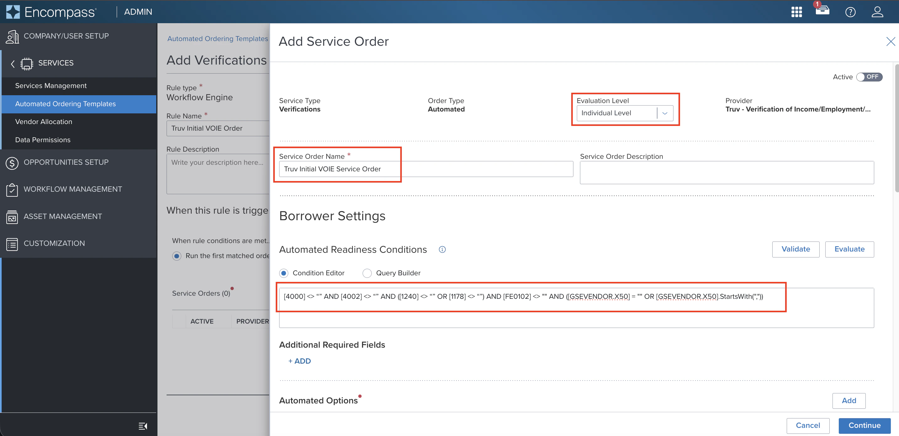 Configure the service order conditions