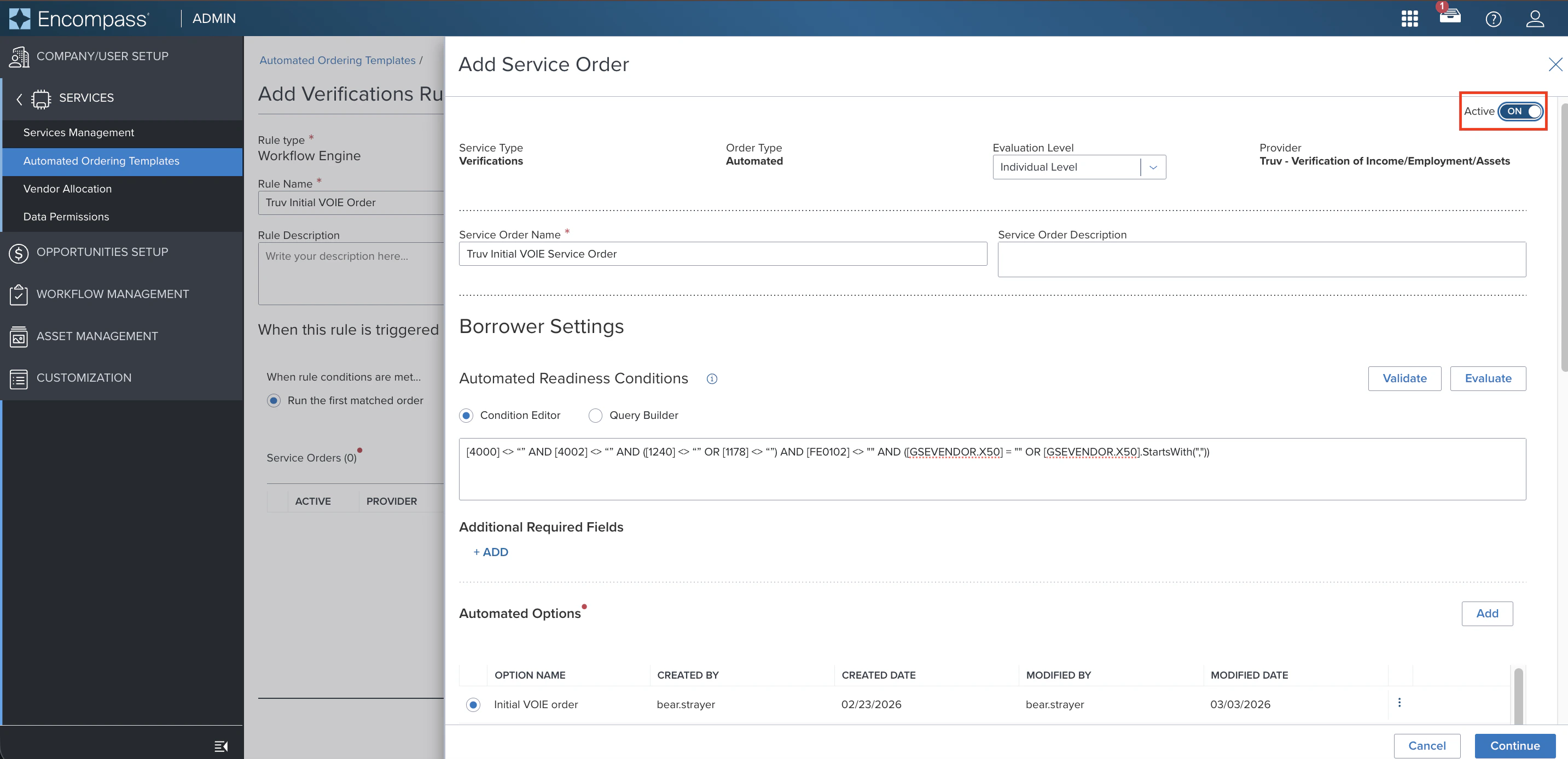 Set service order to Active