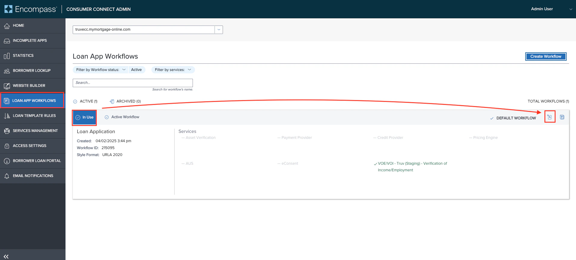 Loan App Workflows — find the In Use workflow