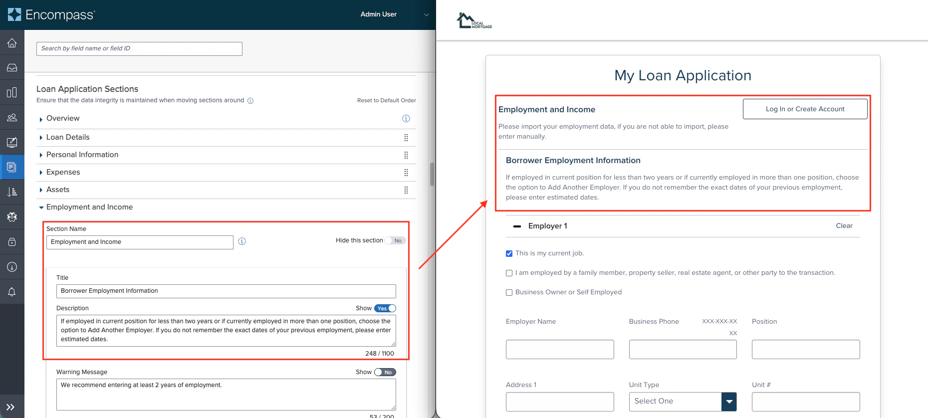 Employment and Income header and body text configuration
