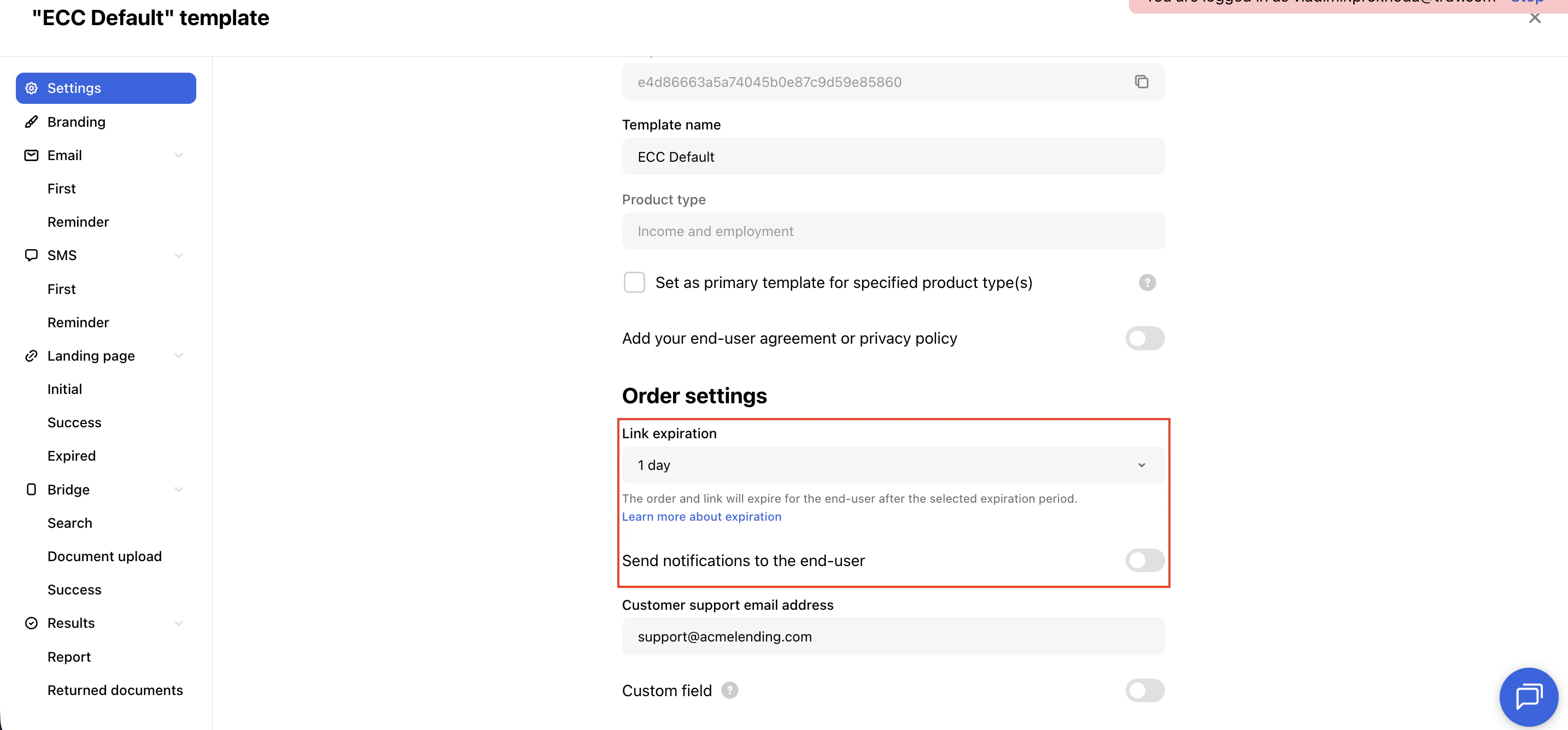 Template Settings tab — link expiration and notifications