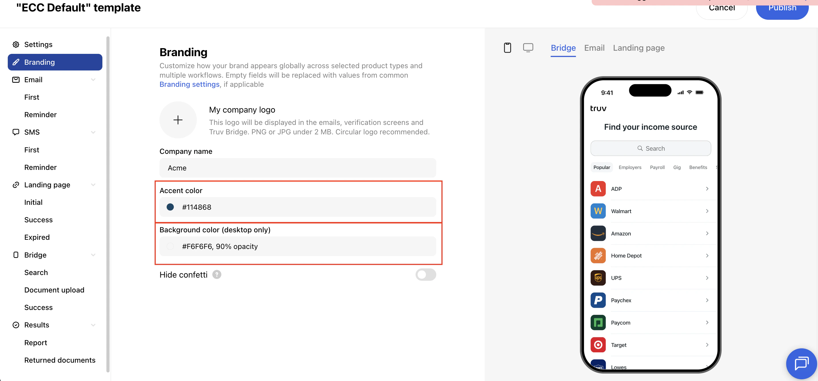 Branding tab — Background color configuration