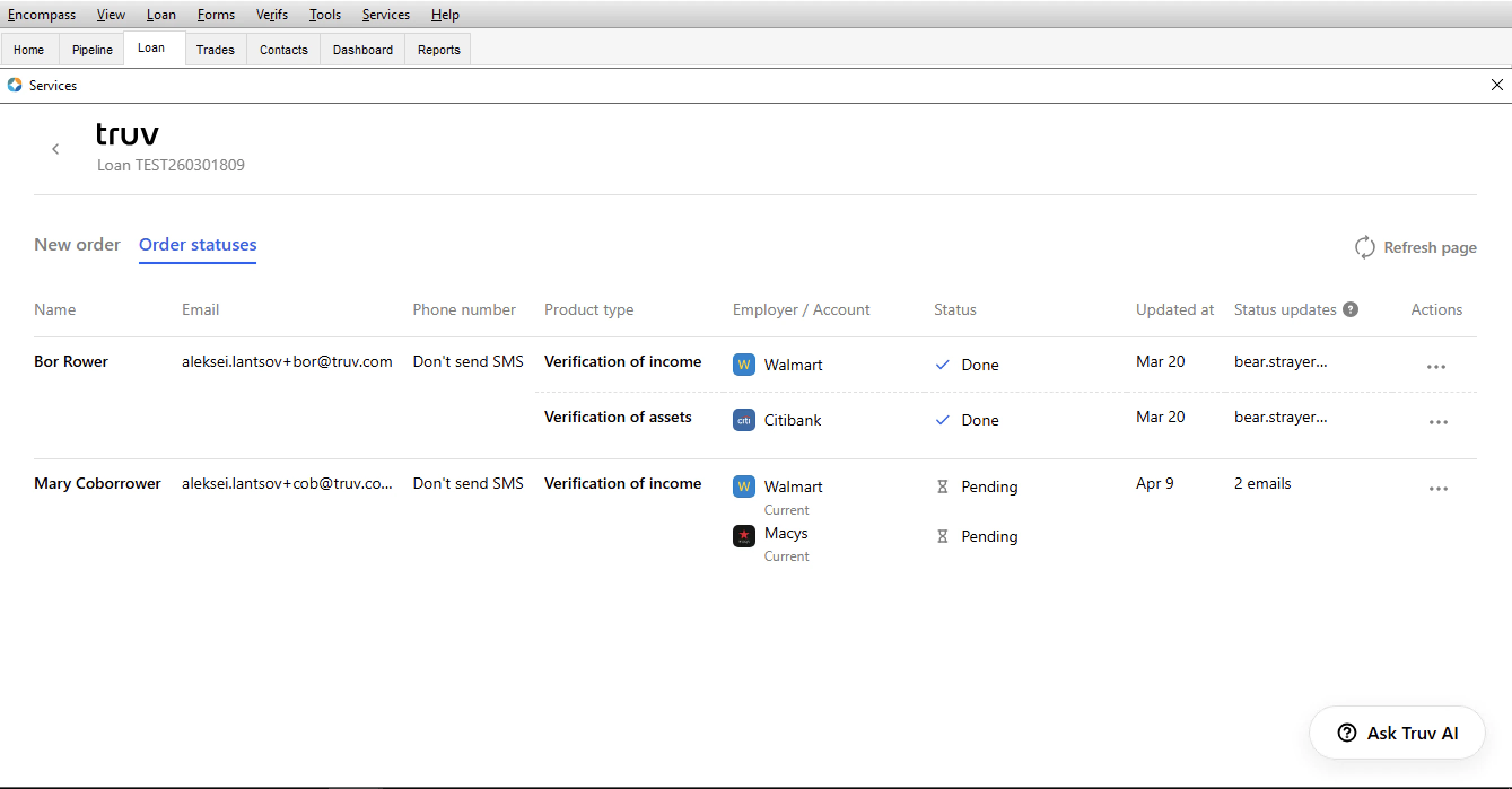 Order statuses tab in Encompass