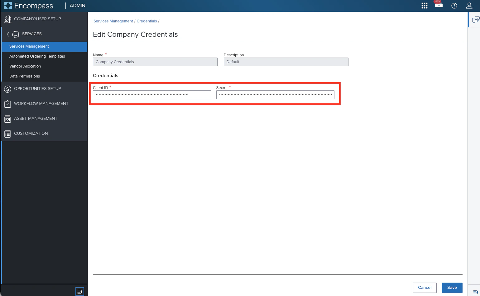 Company credentials configuration in Encompass