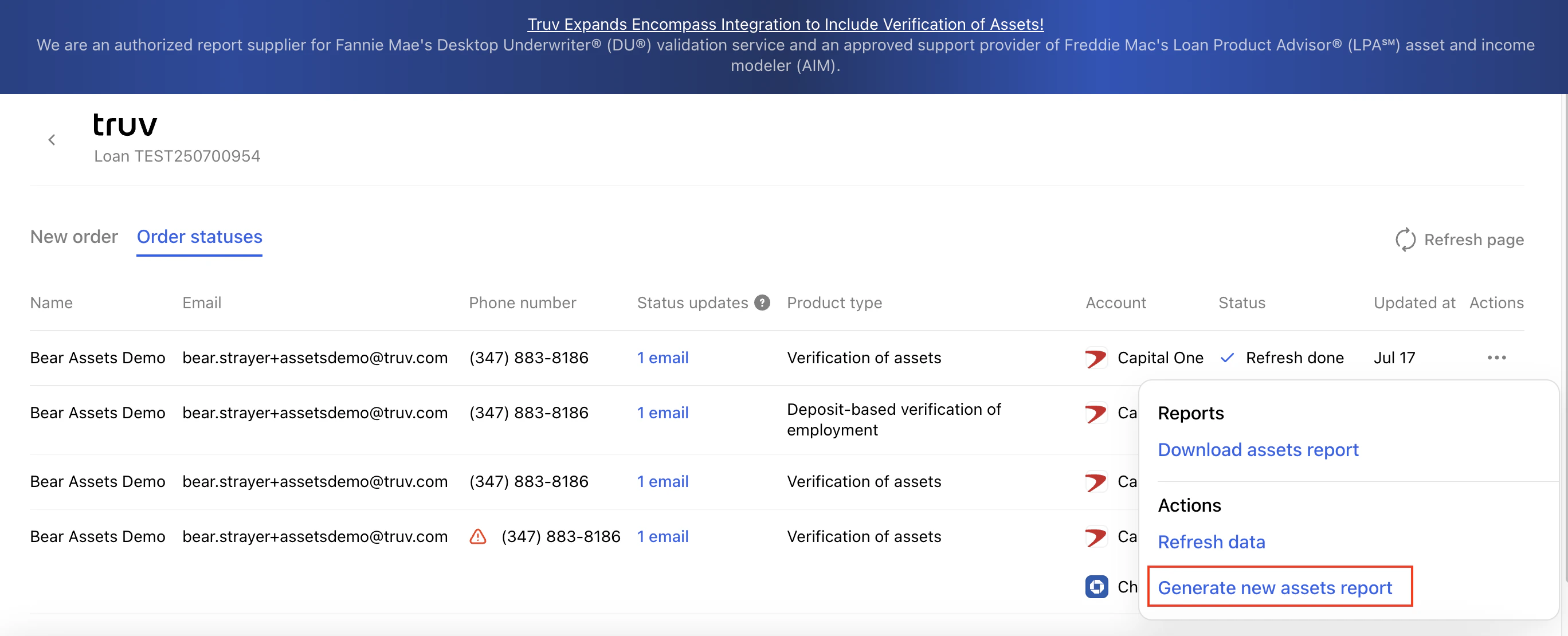 Generate new report — order list