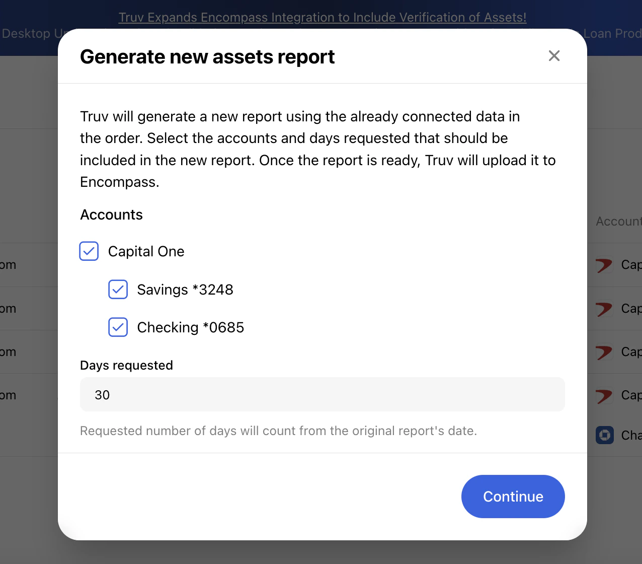 Generate new report — parameters pop-up