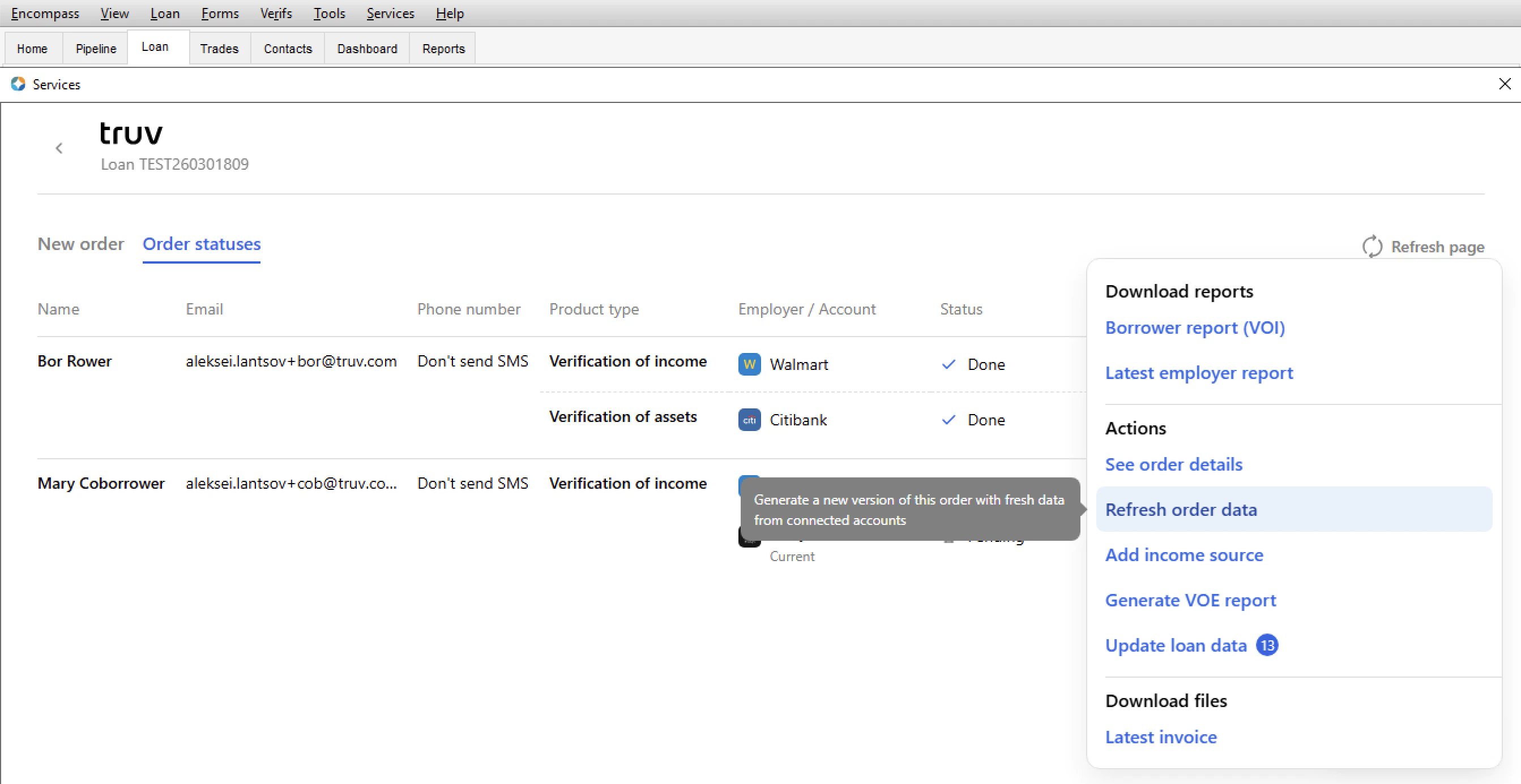 Refresh the data button in Encompass