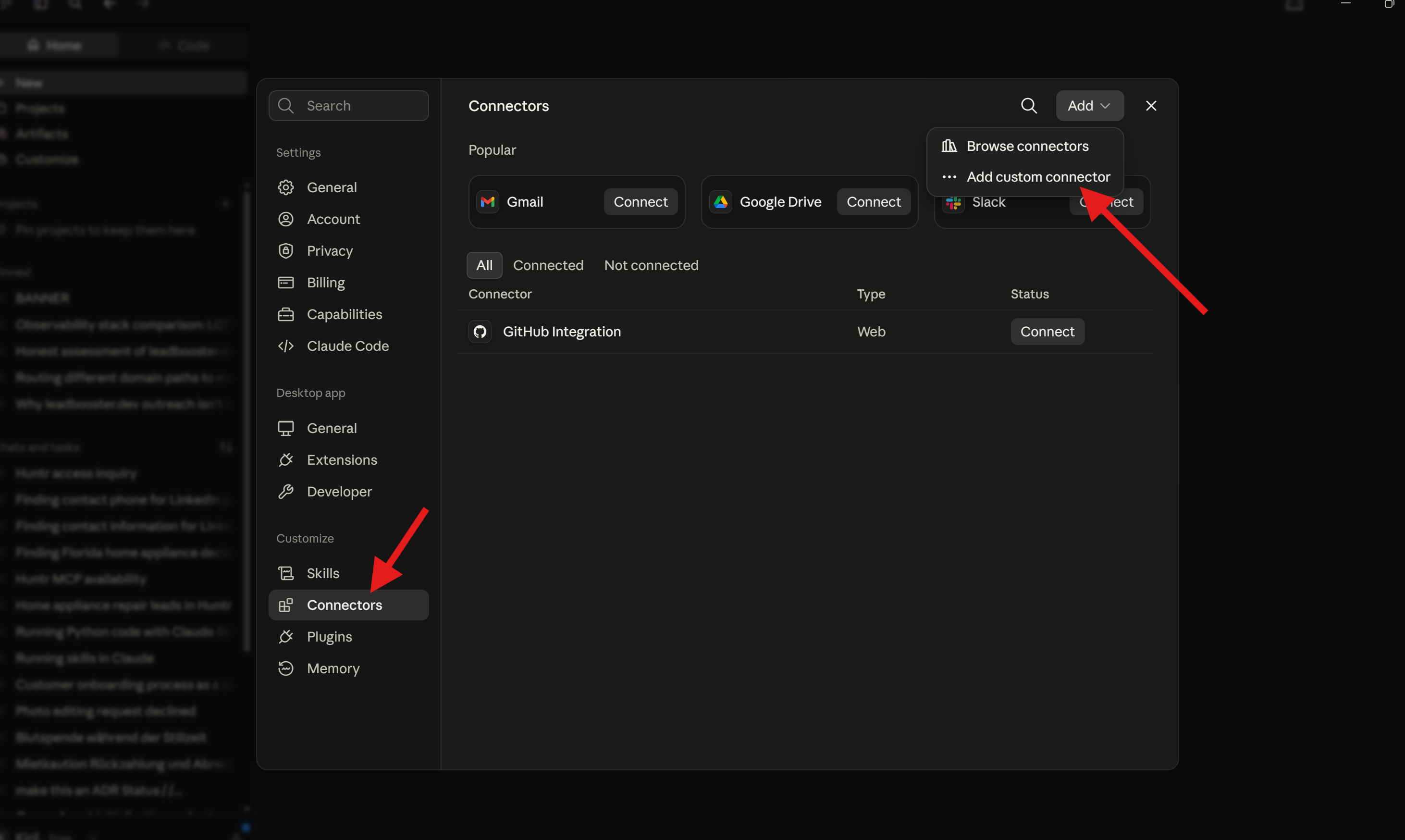 Claude Desktop Connectors settings with Add custom connector selected from the Add menu