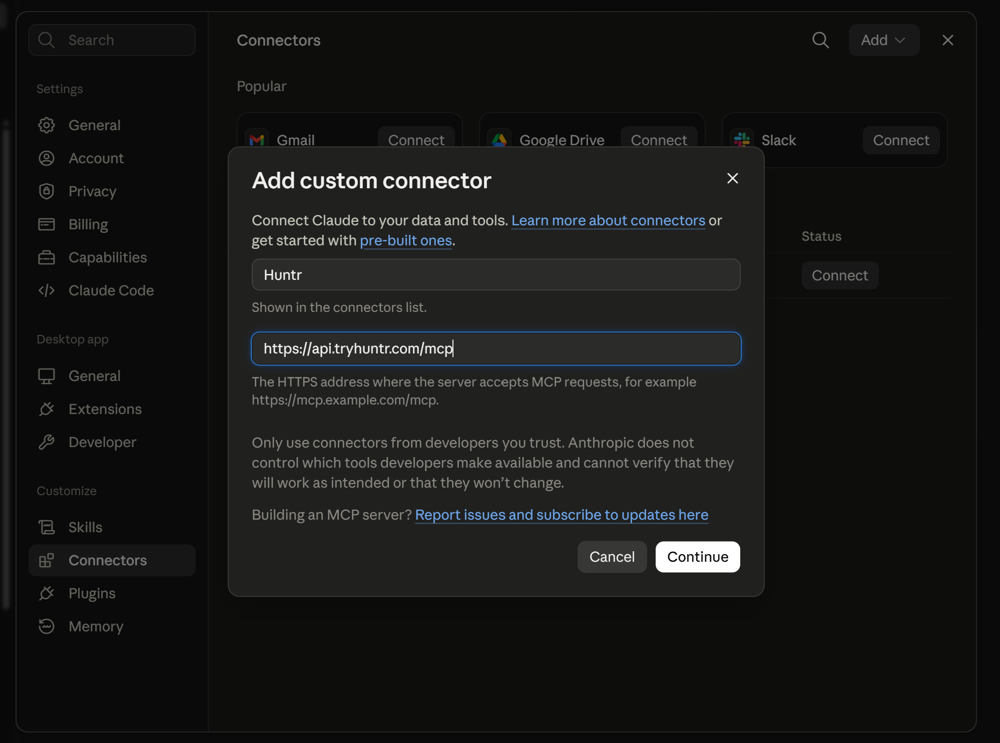 Claude Desktop Add custom connector dialog with Huntr and the Huntr MCP server URL entered