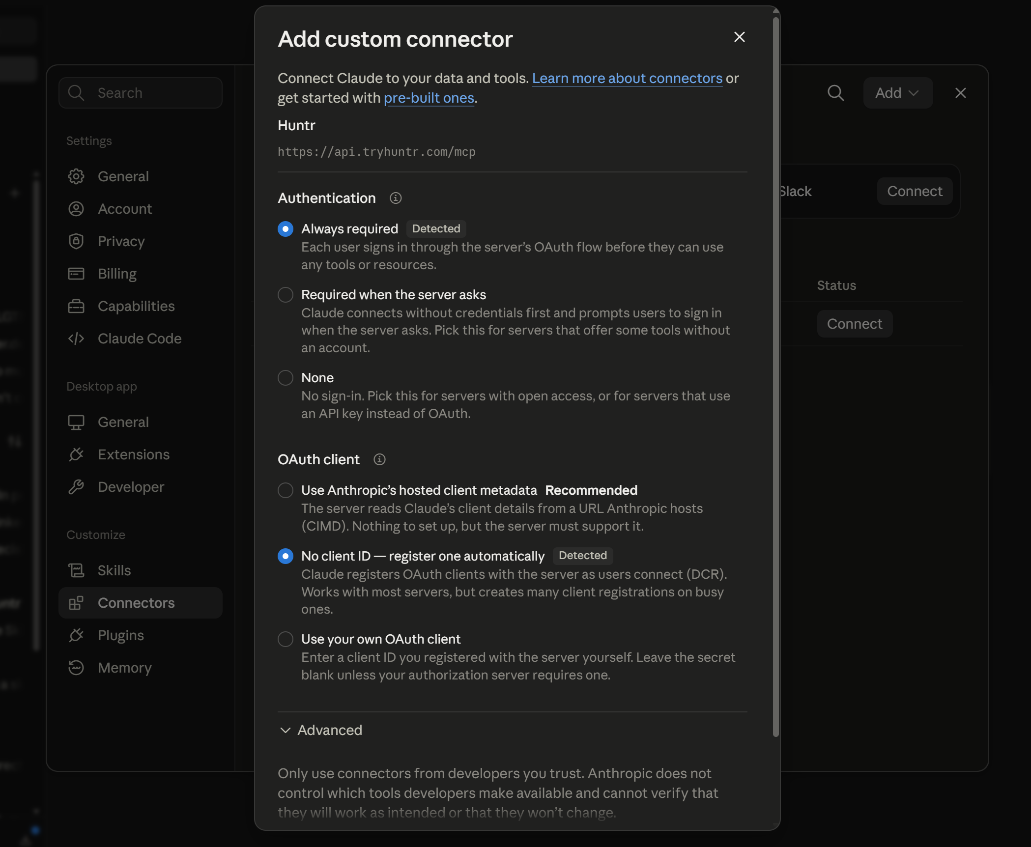 Claude Desktop custom connector authentication with Always required and automatic OAuth client registration selected