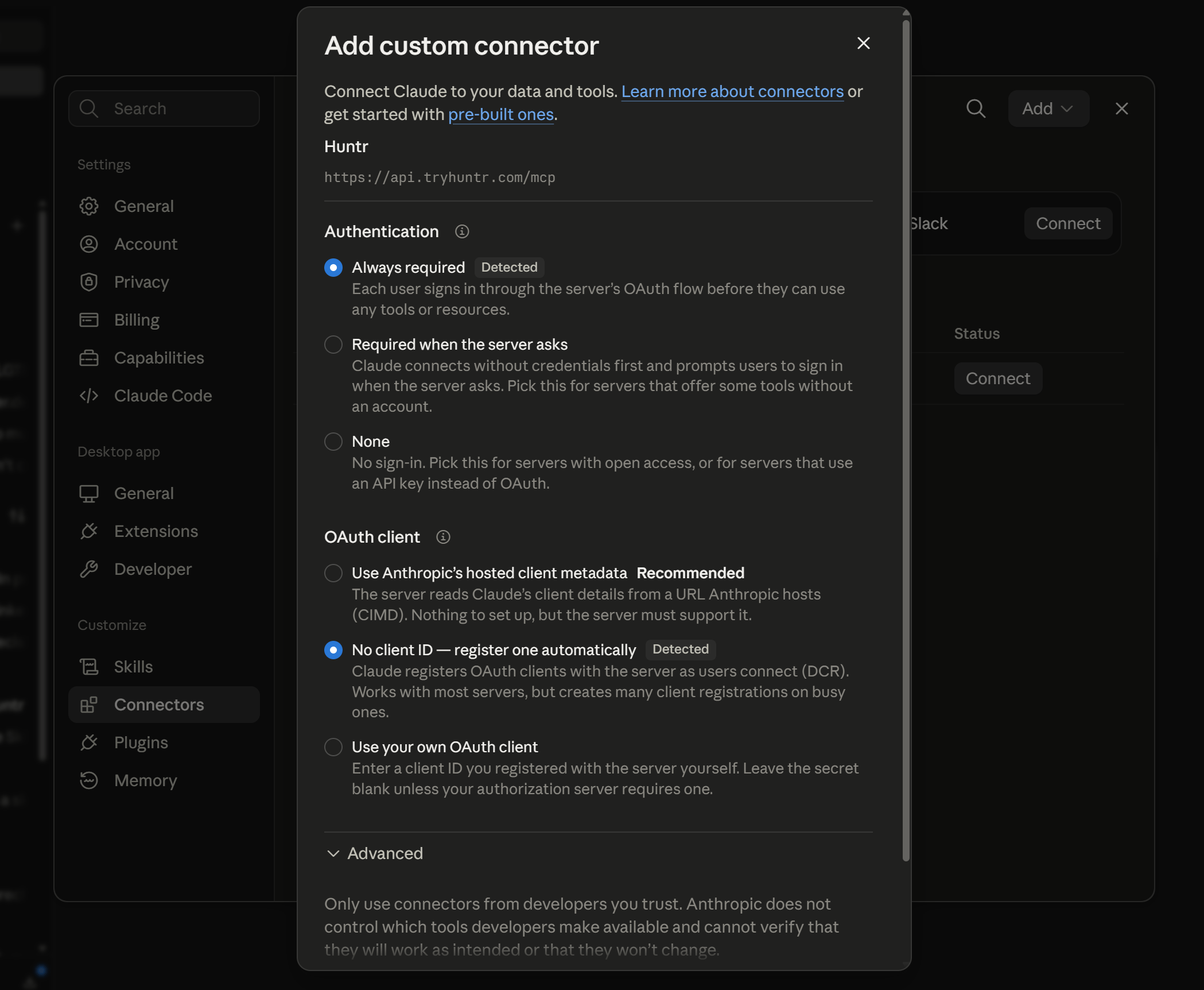 Claude Desktop custom connector authentication with Always required and automatic OAuth client registration selected