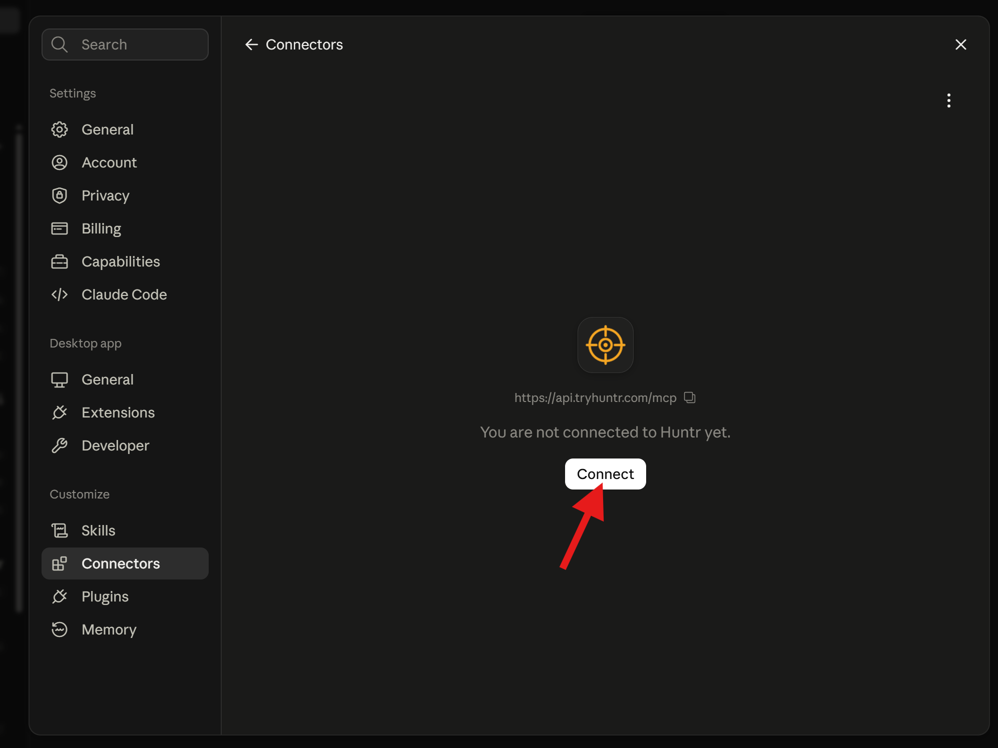 Huntr connector details in Claude Desktop with the Connect button highlighted