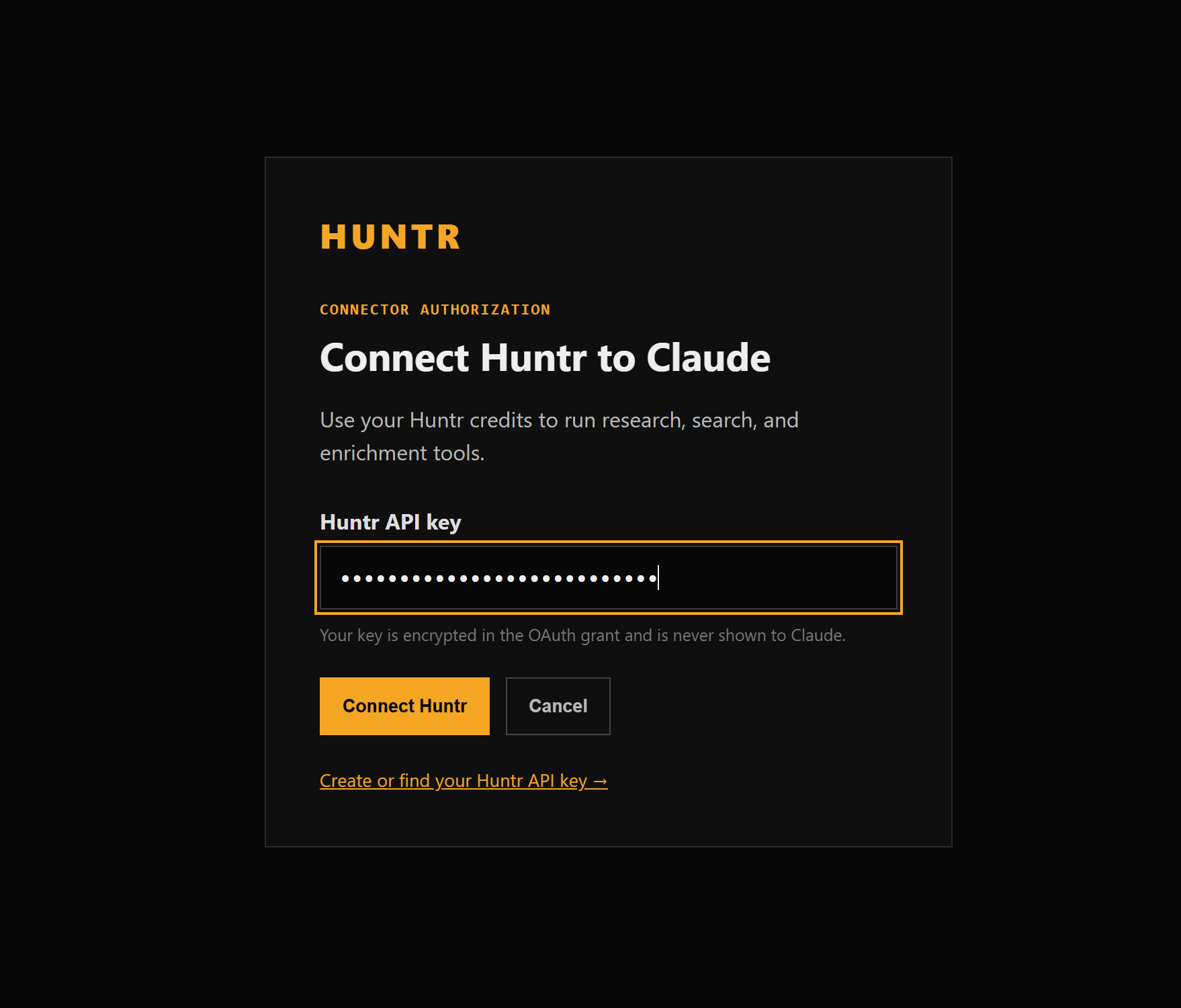 Huntr OAuth authorization page with an API key entered and the Connect Huntr button