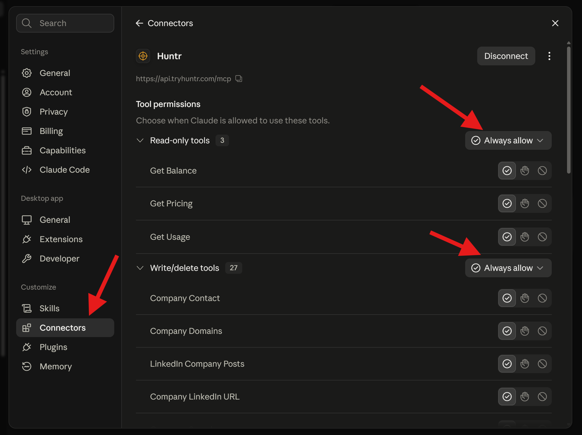 Connected Huntr connector in Claude Desktop with Always allow selected for both tool permission groups