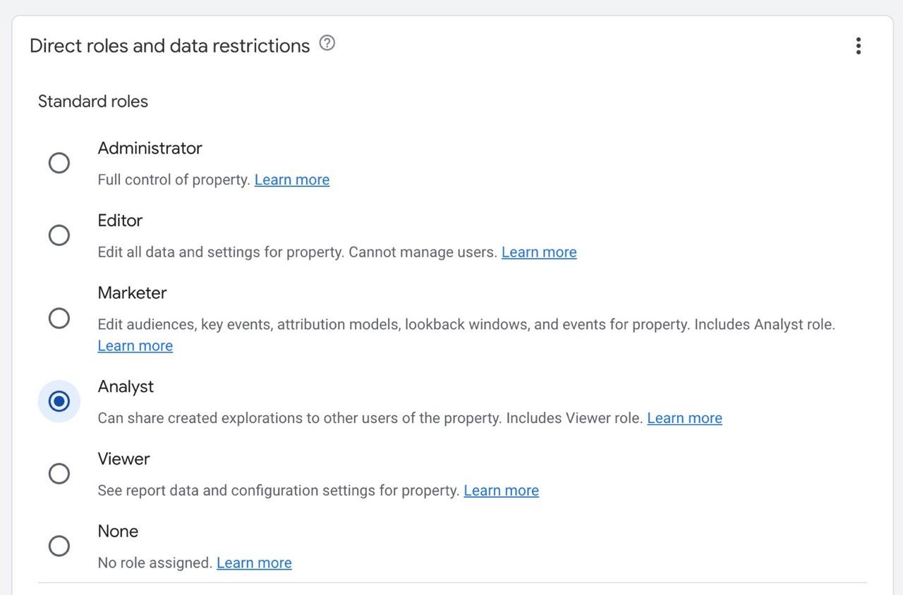 Google Analytics Direct roles and data restrictions panel with Analyst selected