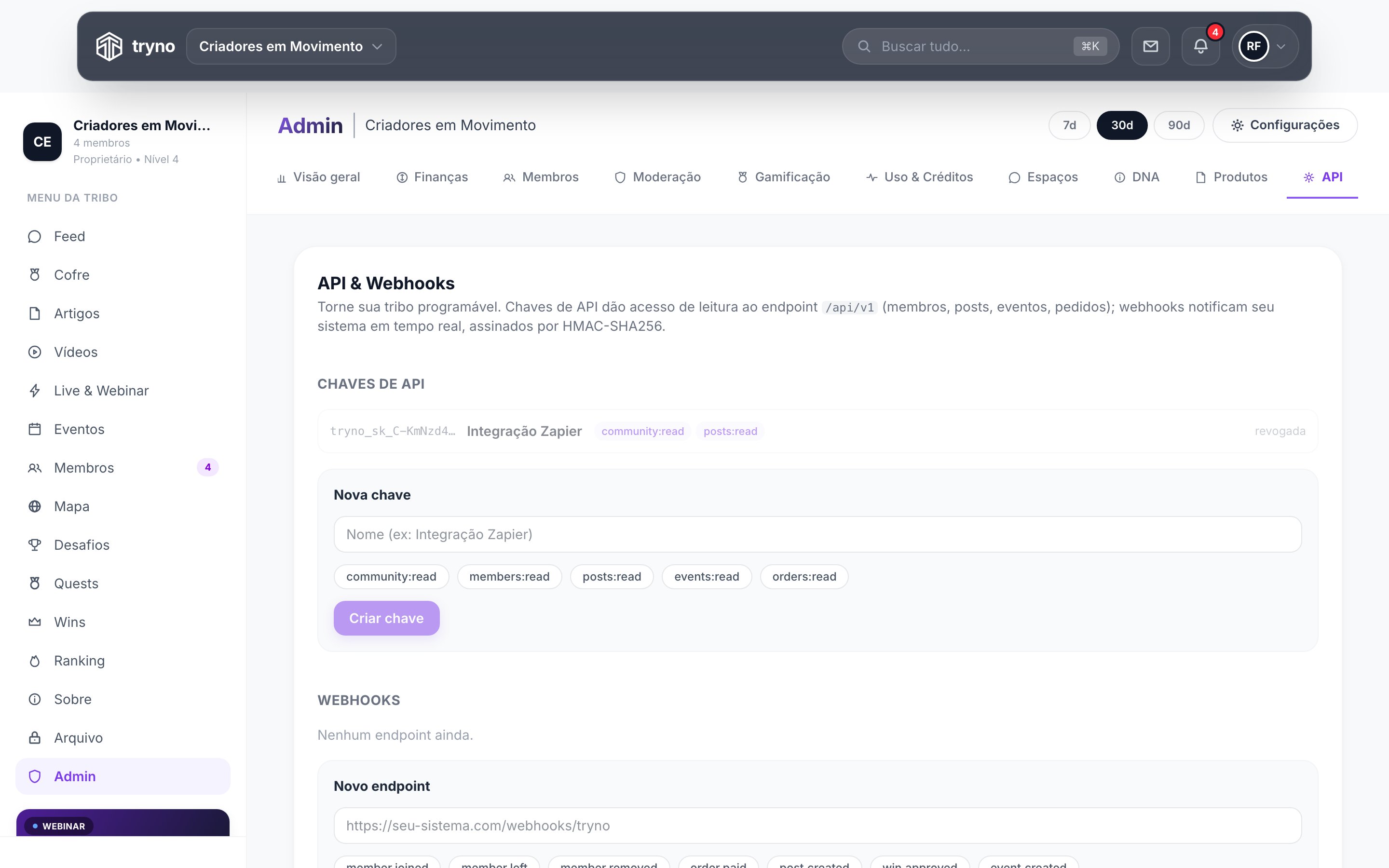 Tela de administração da tribo com a aba API selecionada, mostrando uma chave criada e o formulário para gerar uma nova