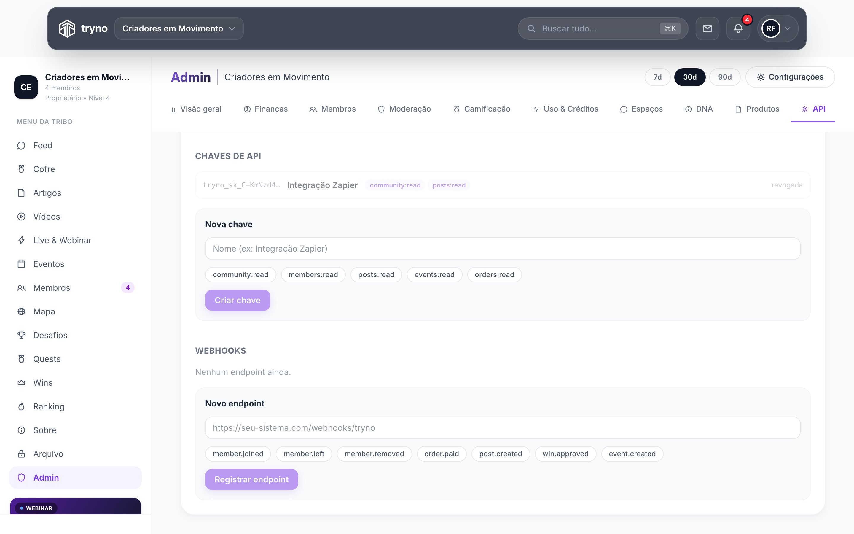 Formulário de registro de webhook na tela de administração da tribo, com o campo de URL e os eventos disponíveis para assinatura