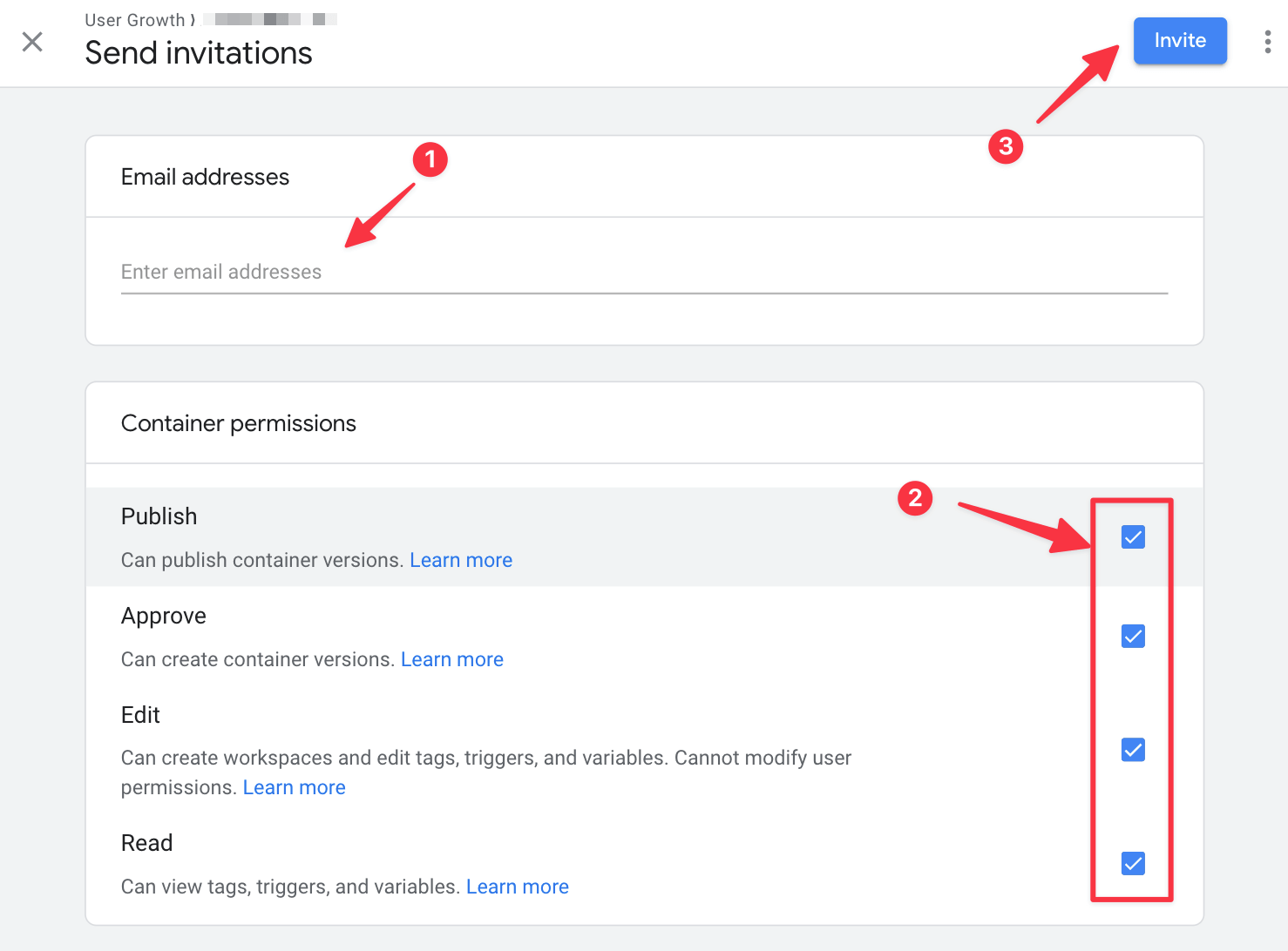 Setting the container-level permissions for the new user in Google Tag Manager
