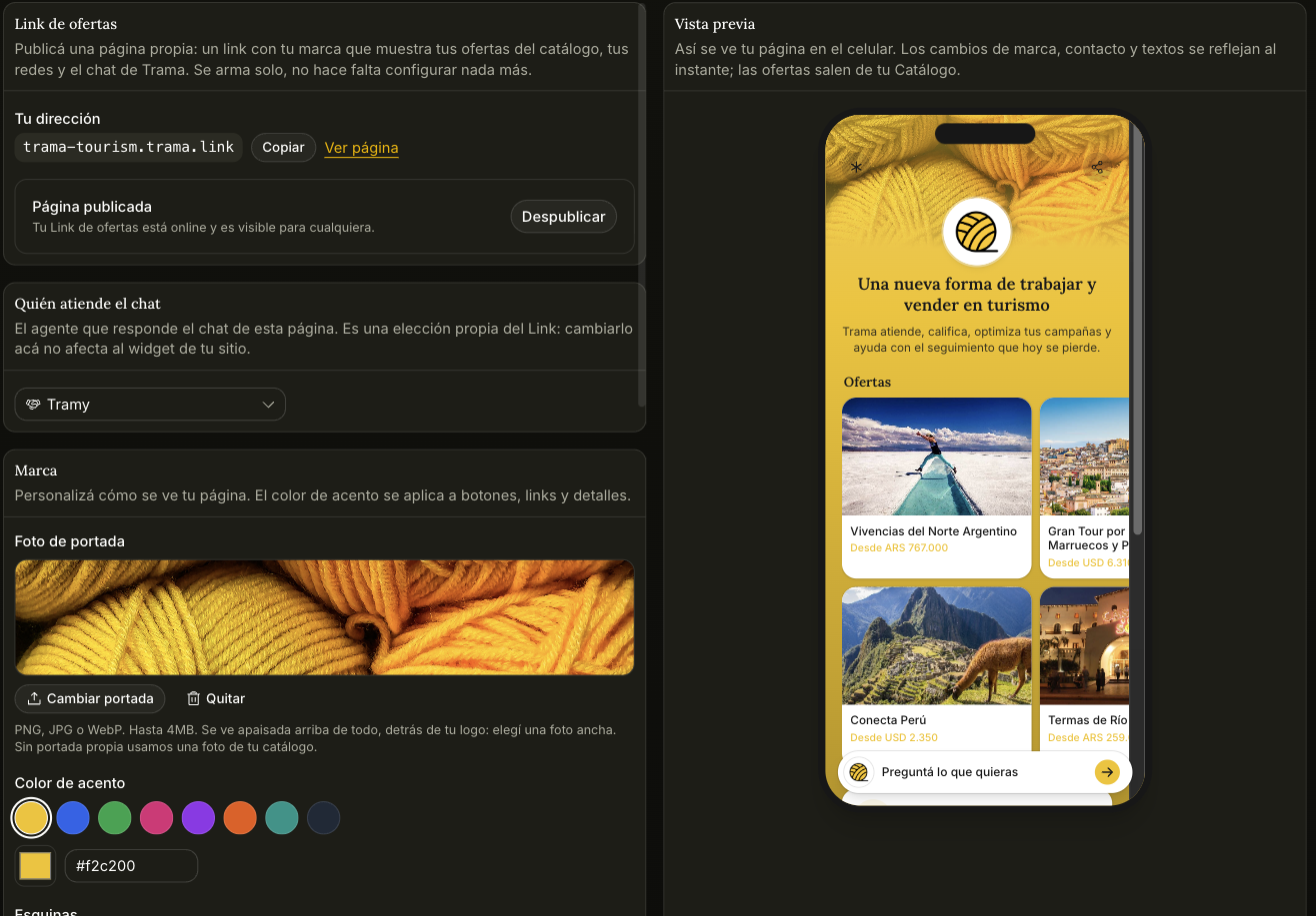 Offer Link panel with the address, branding and live preview