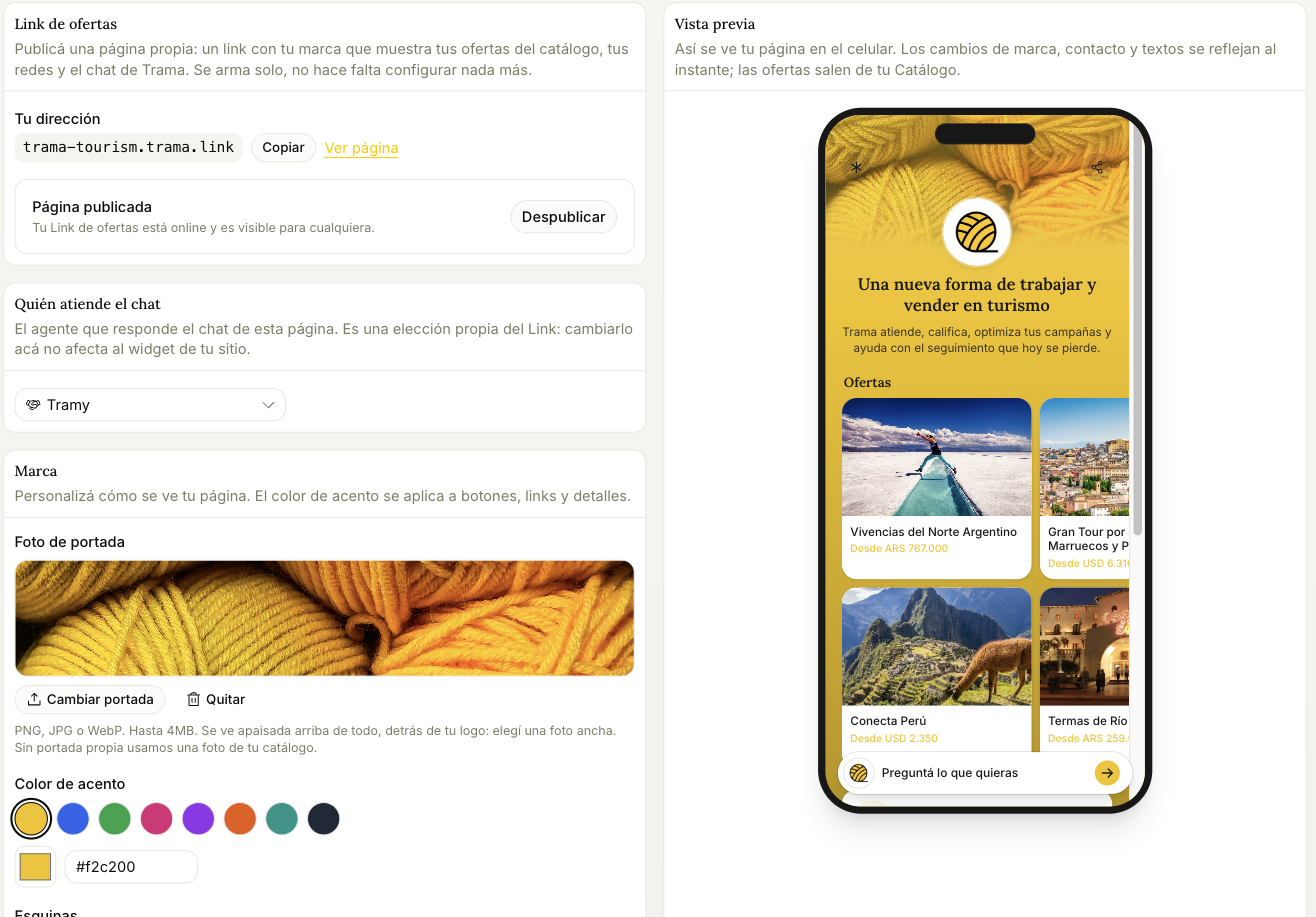 Offer Link panel with the address, branding and live preview