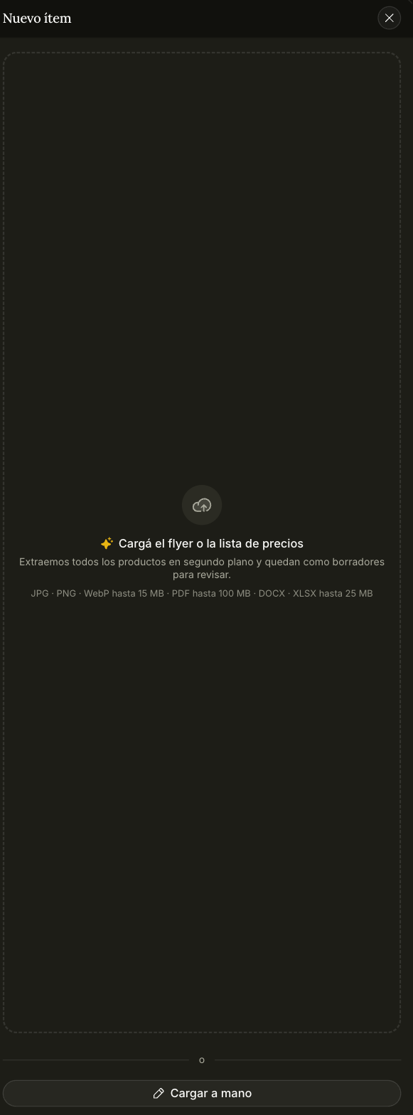 Panel de nuevo ítem, con el dropzone para el flyer o la lista de precios