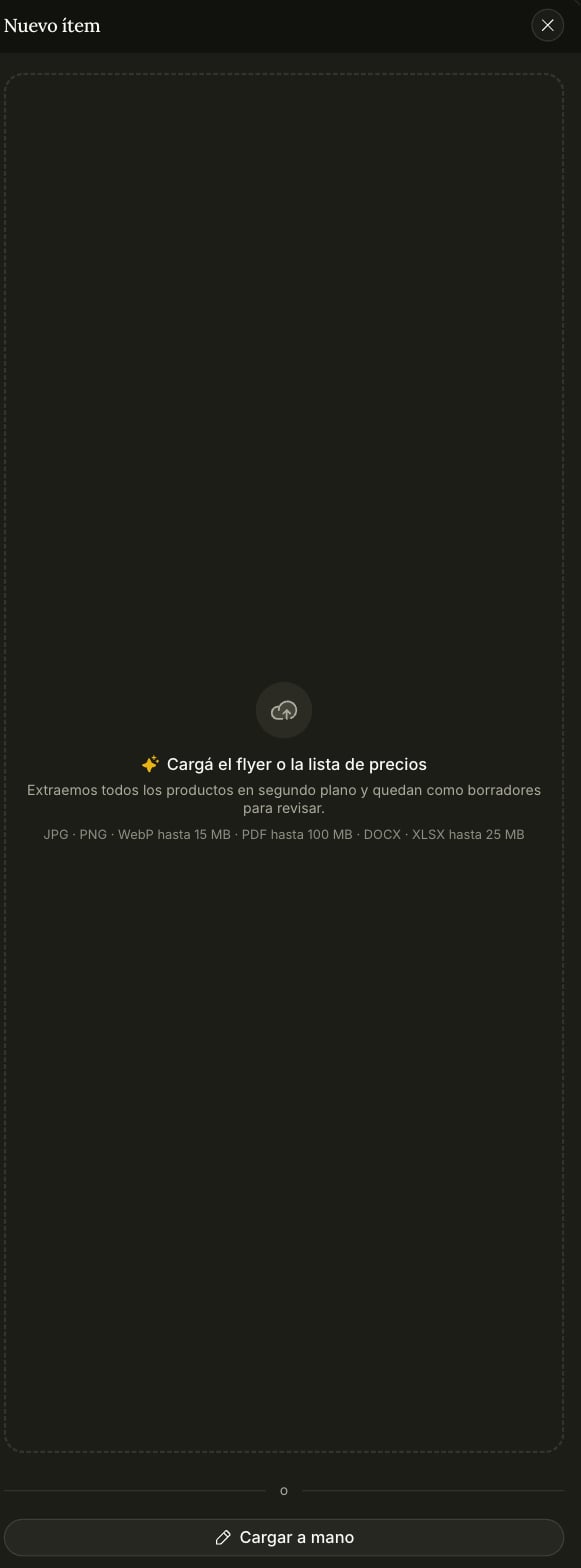 Panel de nuevo ítem, con el dropzone para el flyer o la lista de precios
