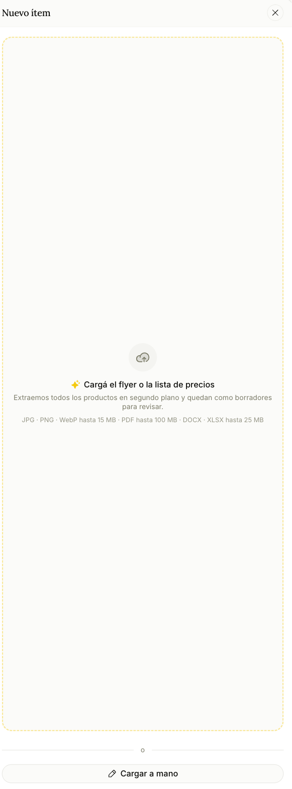 Panel de nuevo ítem, con el dropzone para el flyer o la lista de precios