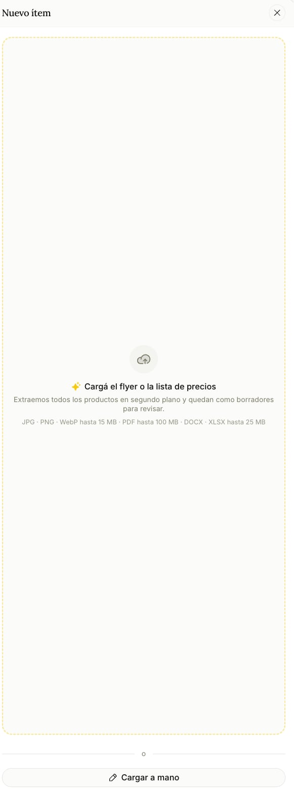 Panel de nuevo ítem, con el dropzone para el flyer o la lista de precios