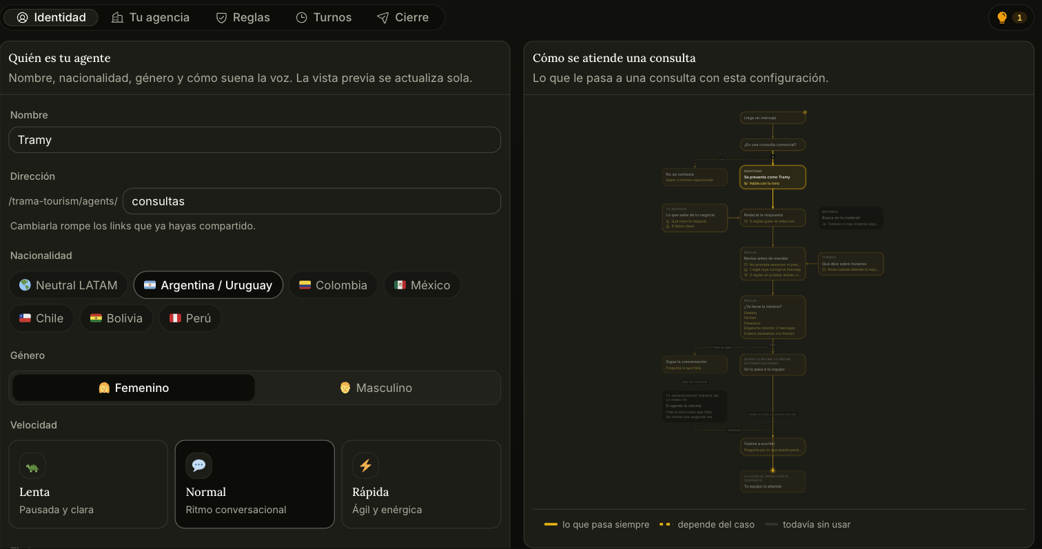 O configurador do agente, aba Identidade, com o diagrama de atendimento à direita