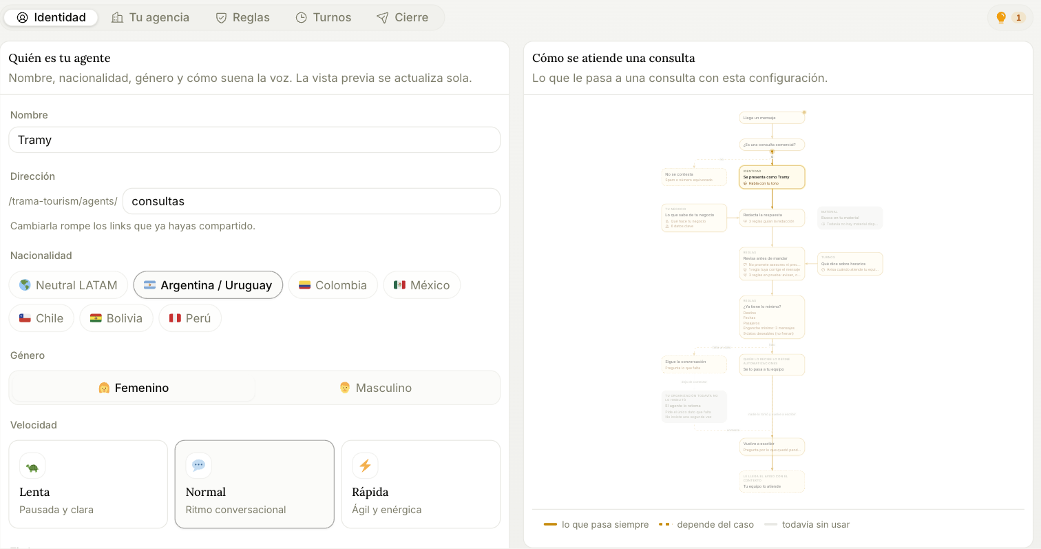 O configurador do agente, aba Identidade, com o diagrama de atendimento à direita