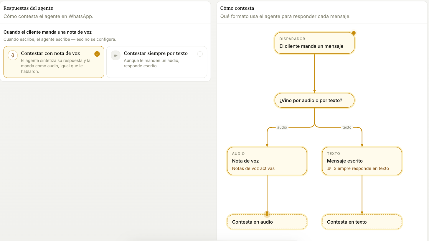 Agent replies tab, with the audio and text branches