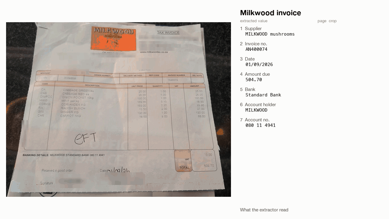 Each extracted field gets a box on the invoice photo, the box tightens on a zoomed-in
pass, and a crop of it is checked against the value: the misread invoice numbers and date
turn orange for review, and every correct value turns blue