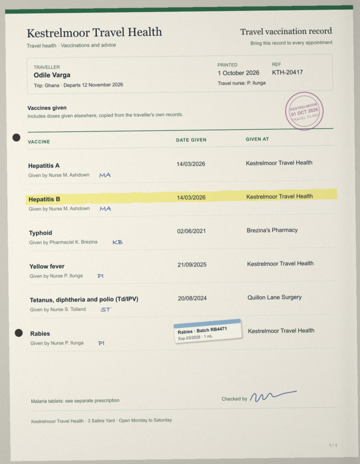 A scanned travel vaccination record