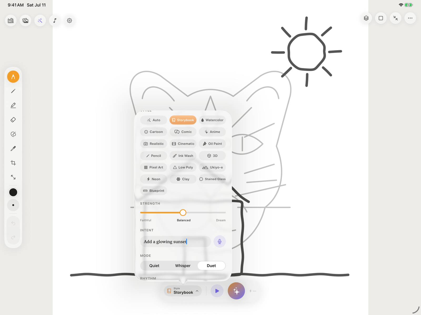 Pixio Canvas creative controls with style, strength, intent, and mode choices