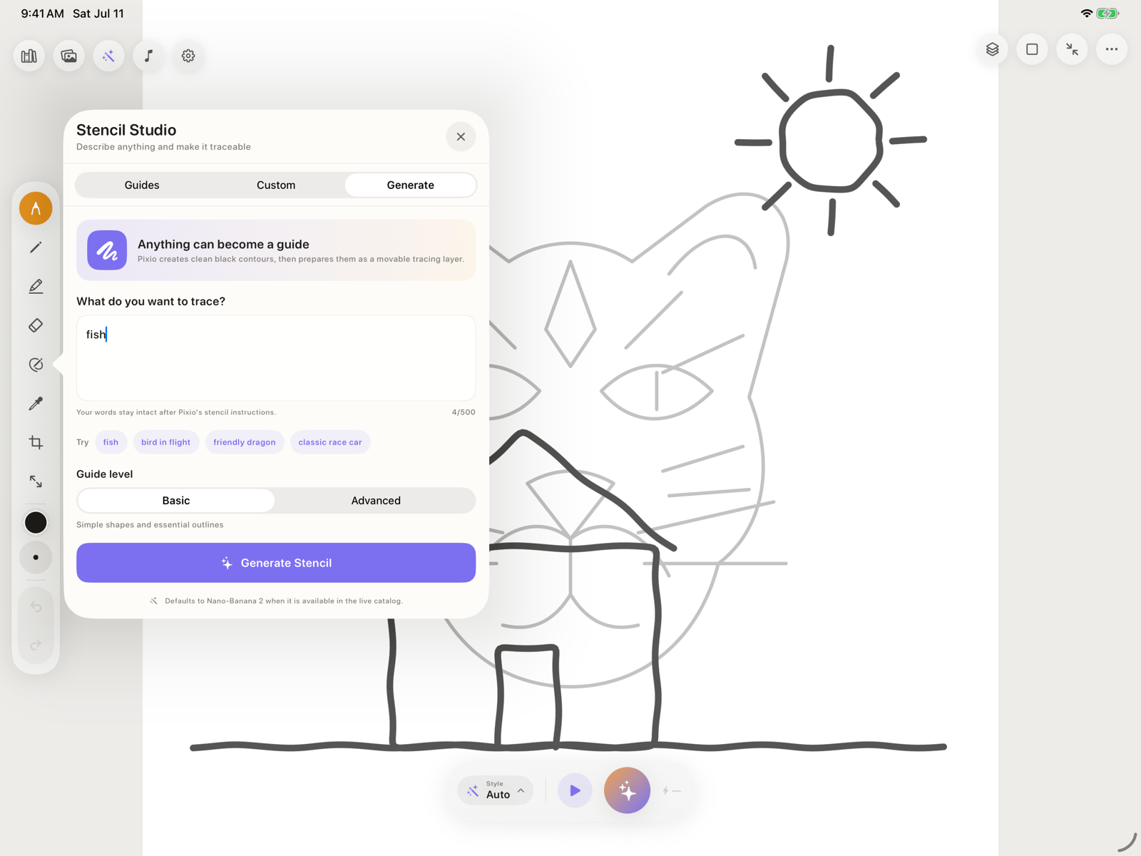 Generate Stencil in Pixio Canvas with a fish prompt
