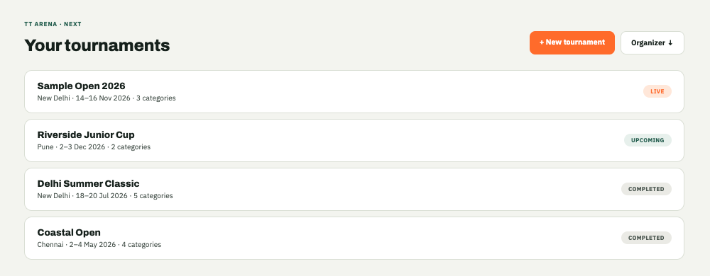TT Arena organizer dashboard showing a list of tournaments and a New tournament form