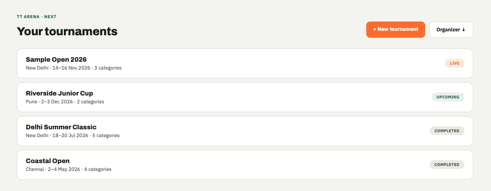 TT Arena organizer dashboard showing a list of tournaments and a New tournament form