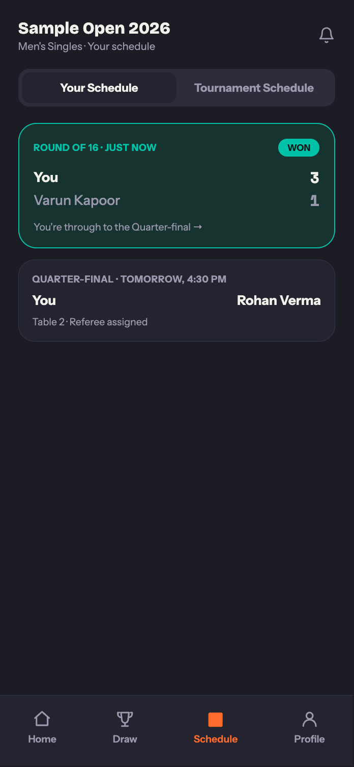 TT Arena Player app Schedule tab showing a completed match marked Won
