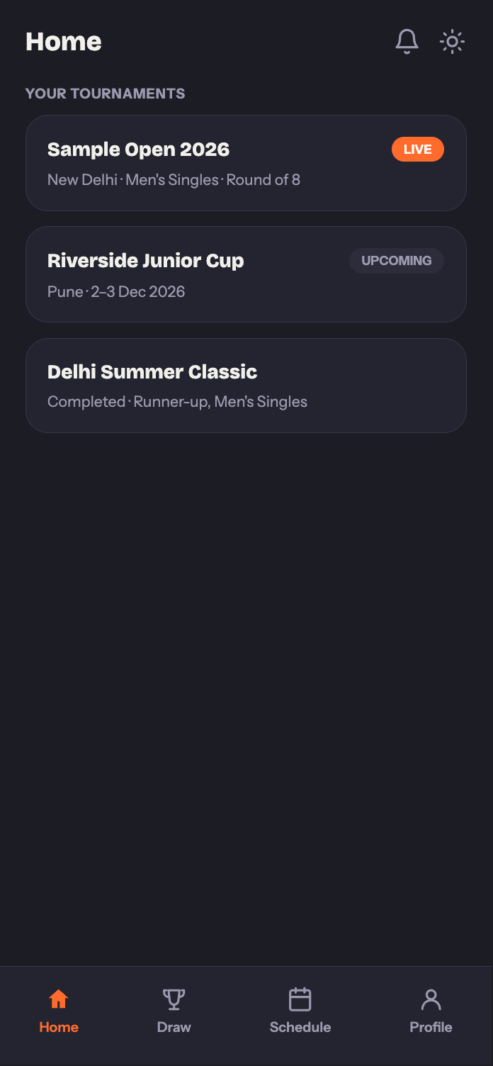 TT Arena Player app Home tab showing a registered tournament