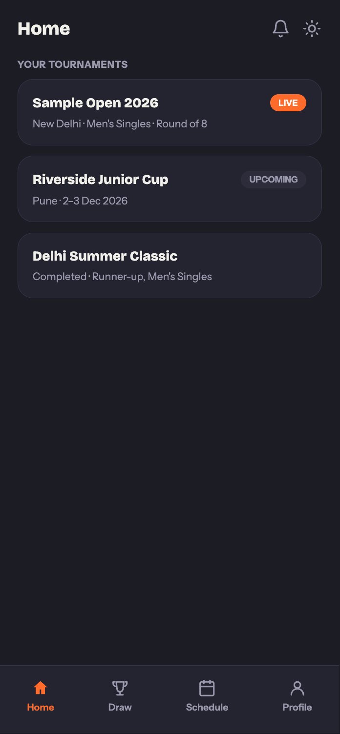 TT Arena Player app Home tab showing a registered tournament