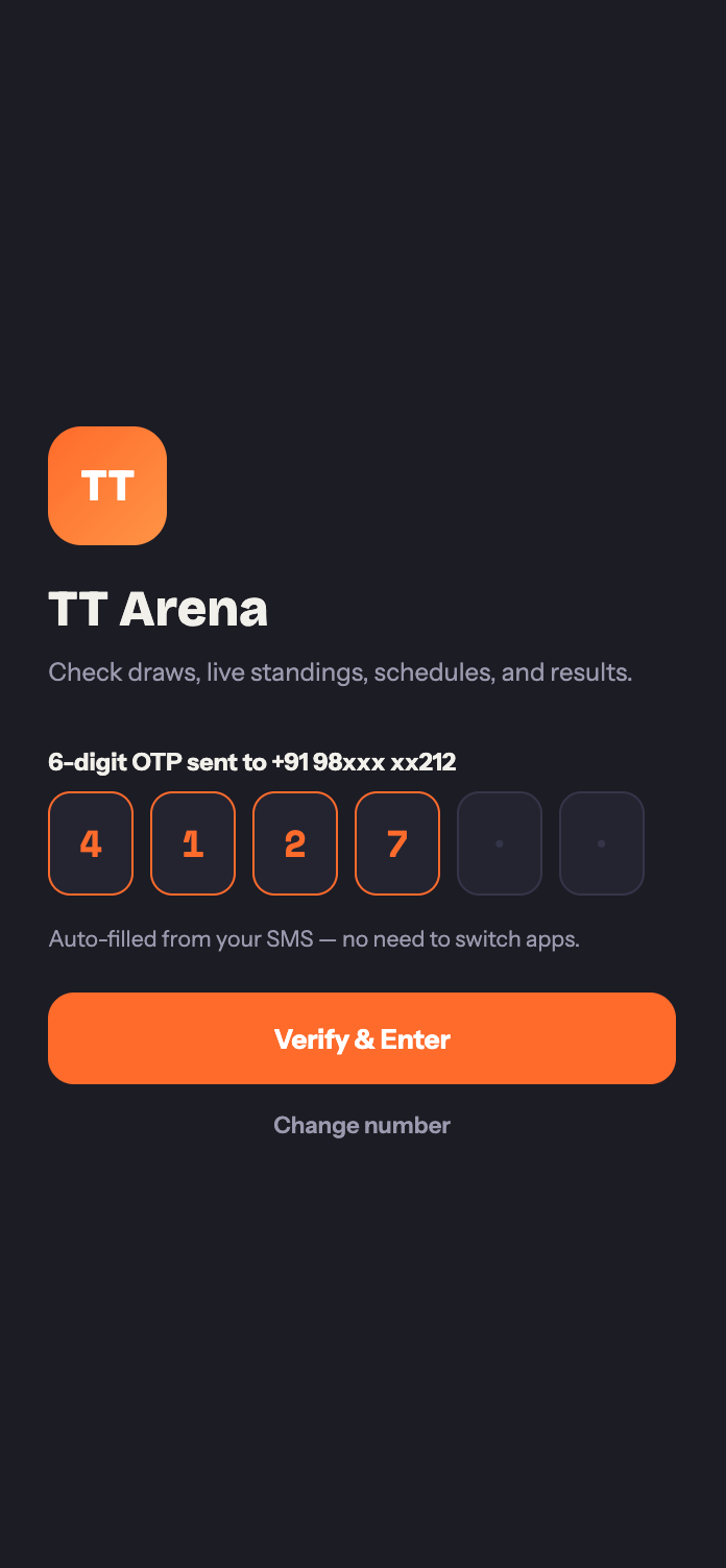 TT Arena Player app phone number and OTP entry screen